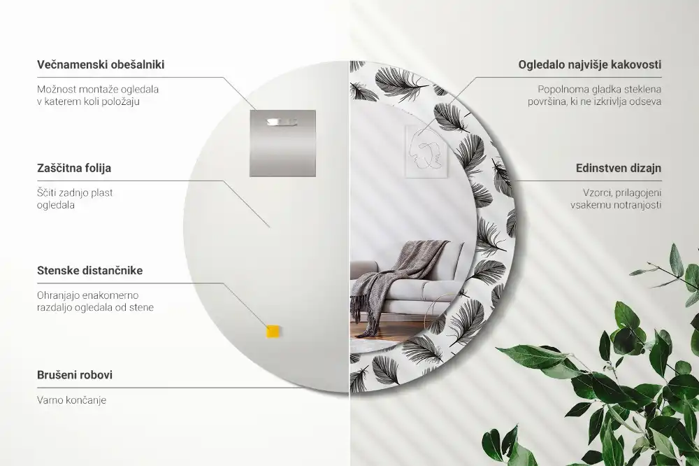Oglindă decorativă rotundă cu design de pene