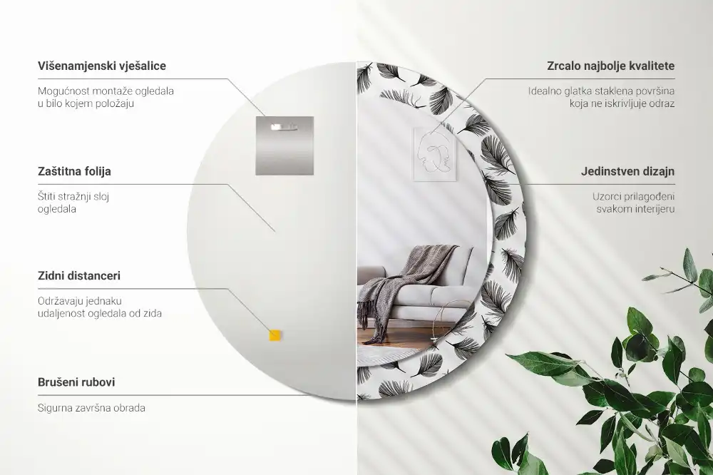Oglindă decorativă rotundă cu design de pene
