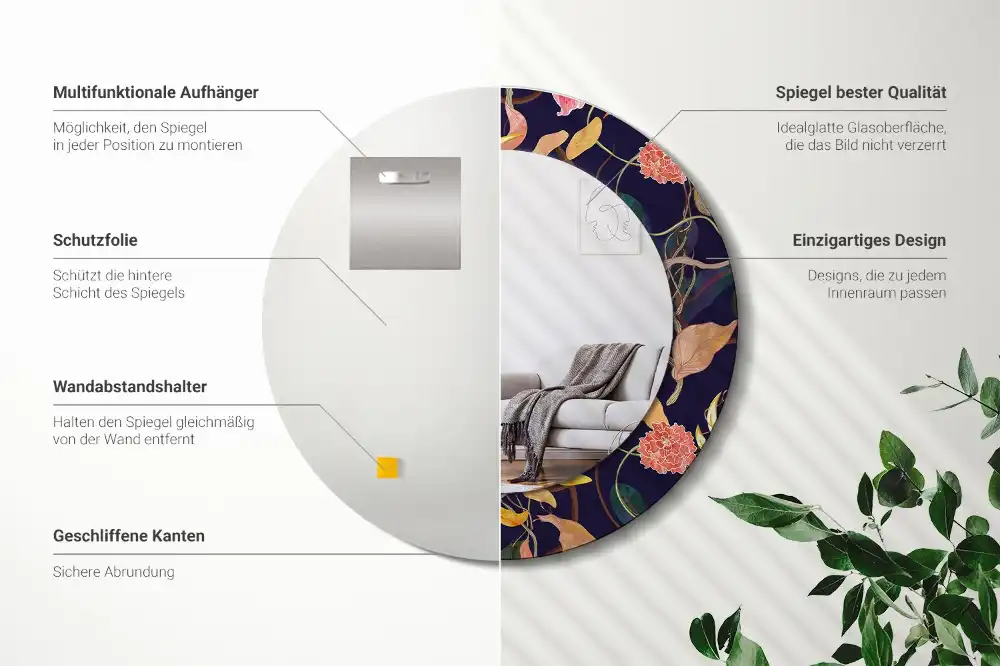 Oglindă rotundă decorativă cu plante în acuarelă