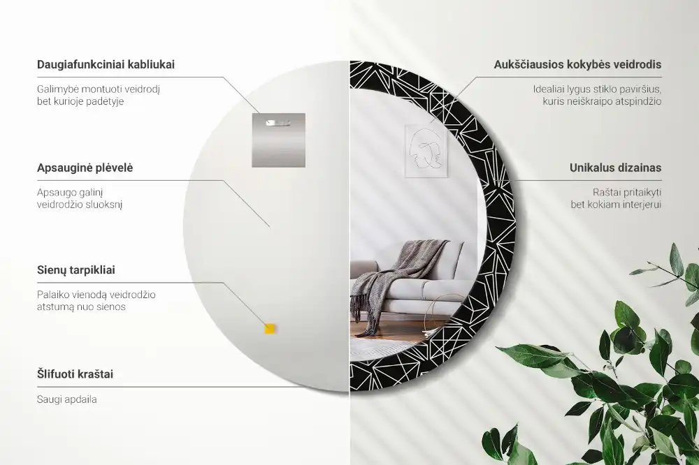 Oglindă rotundă cu ramă imprimată cu model geometric