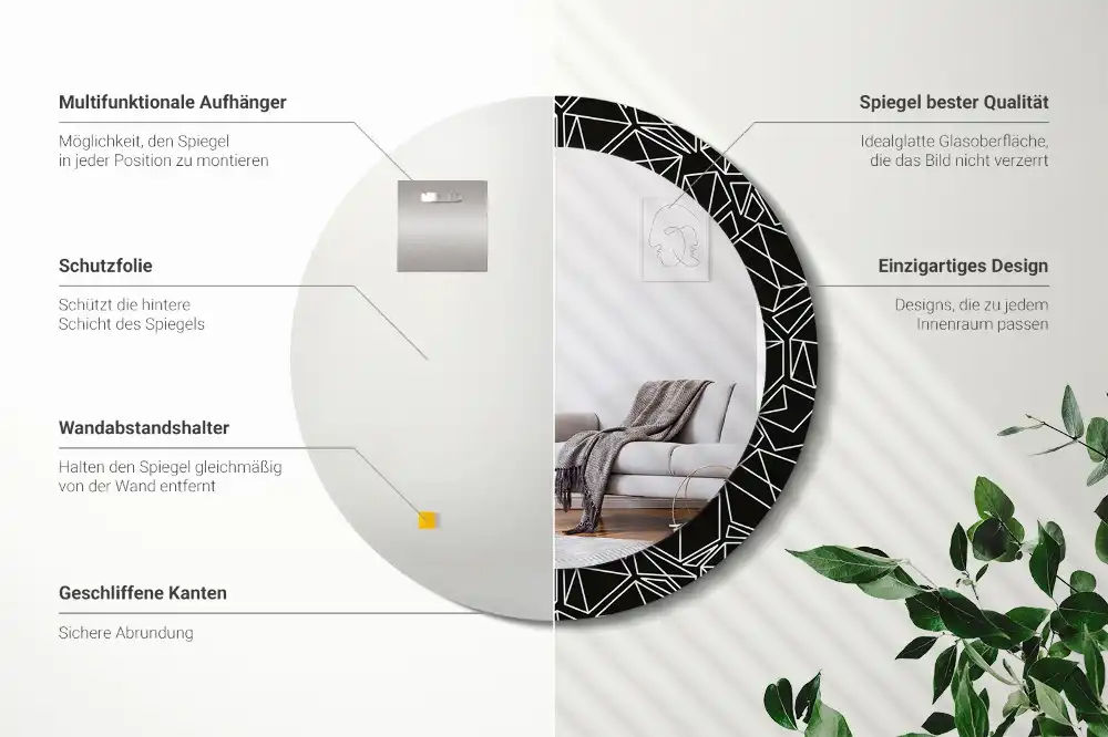 Oglindă rotundă cu ramă imprimată cu model geometric