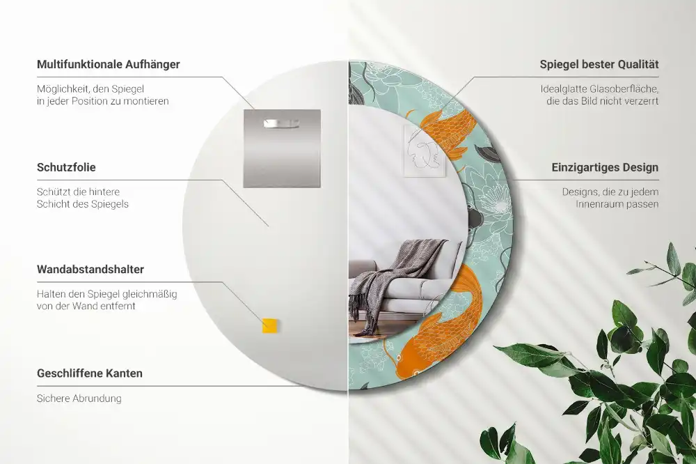 Oglindă rotundă decorativă de perete cu motiv crap koi