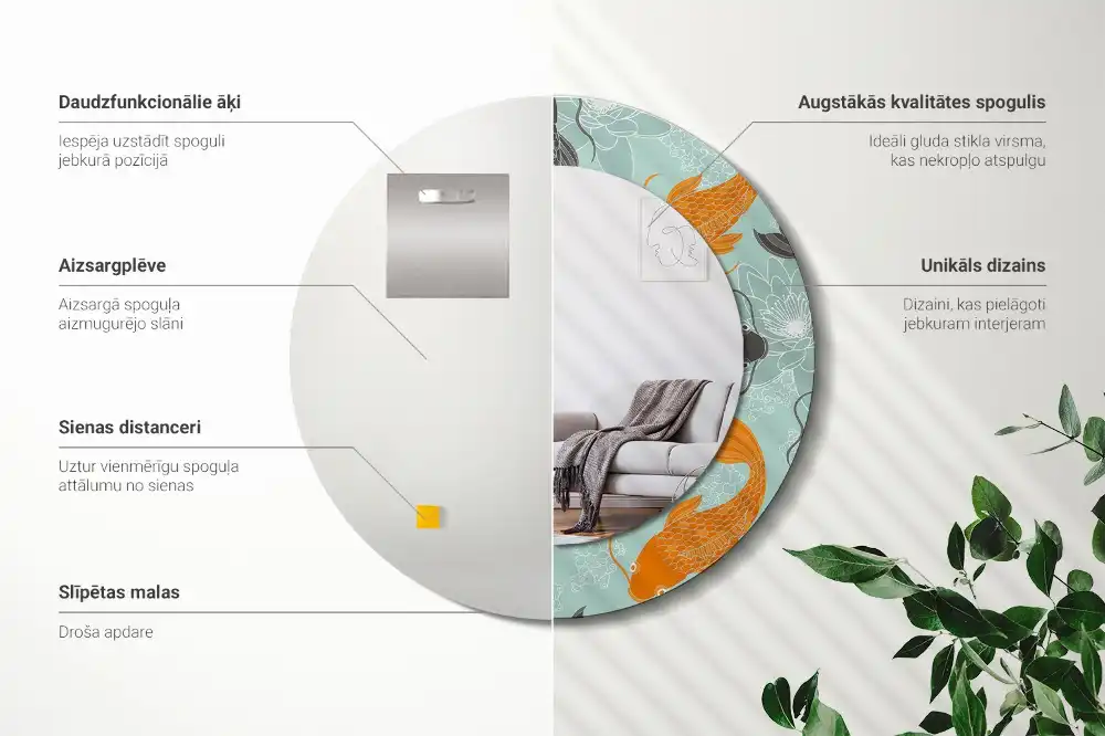 Oglindă rotundă decorativă de perete cu motiv crap koi
