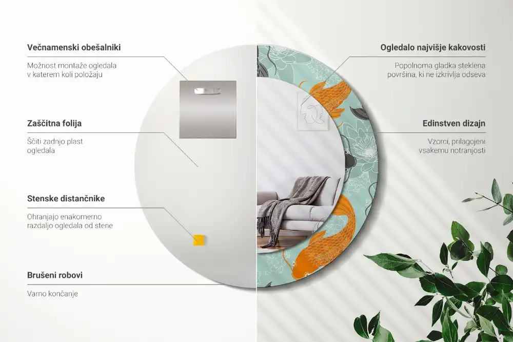 Oglindă rotundă decorativă de perete cu motiv crap koi
