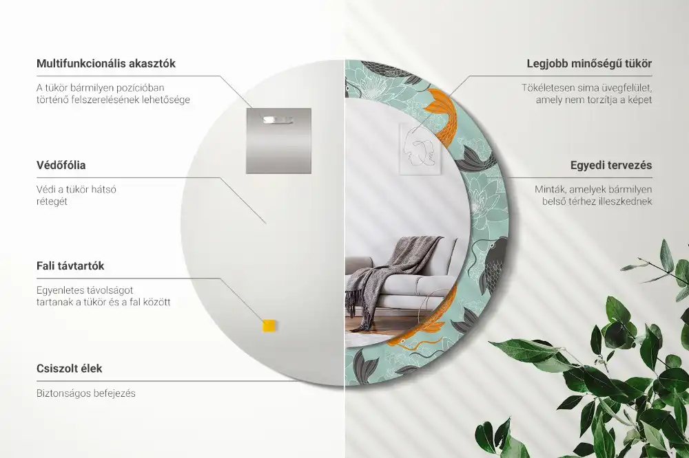 Oglindă rotundă decorativă de perete cu motiv crap koi