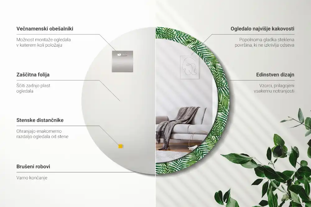 Oglindă rotundă cu ramă imprimată cu palmieri tropicali