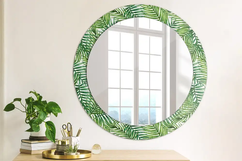 Oglindă rotundă cu ramă imprimată cu palmieri tropicali