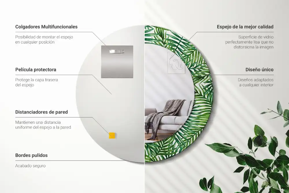 Oglindă rotundă cu ramă imprimată cu palmieri tropicali