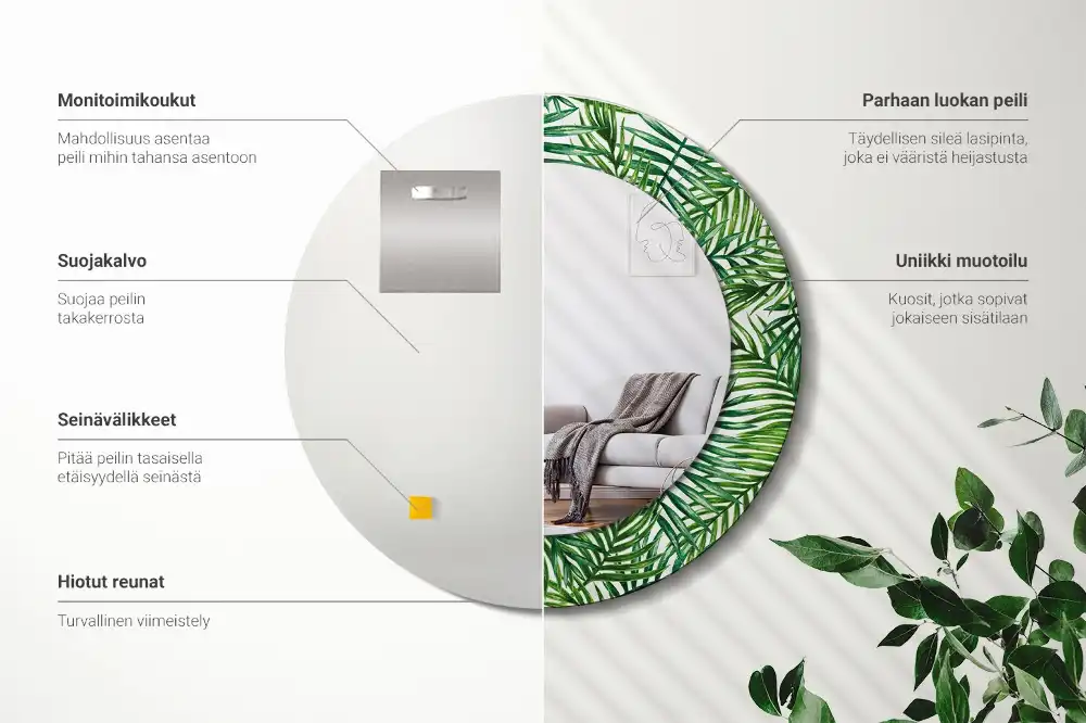 Oglindă rotundă cu ramă imprimată cu palmieri tropicali