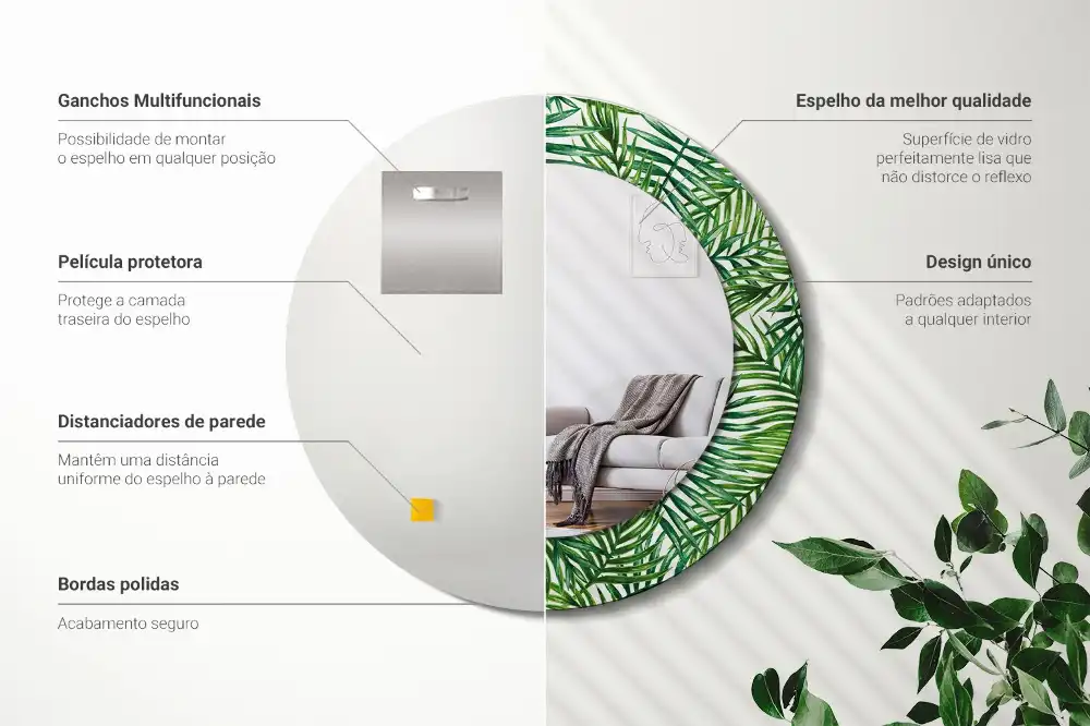 Oglindă rotundă cu ramă imprimată cu palmieri tropicali
