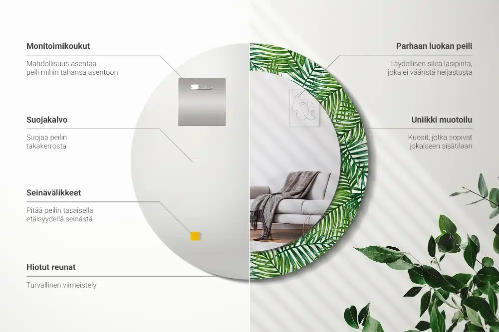 Oglindă rotundă cu ramă imprimată cu palmieri tropicali
