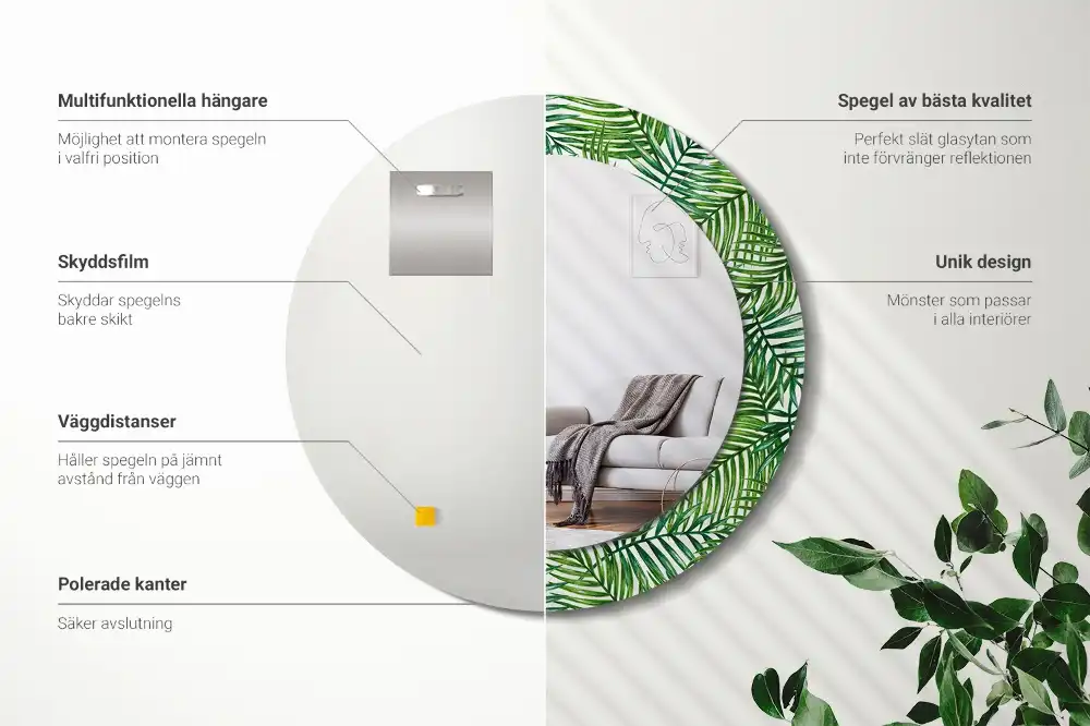 Oglindă rotundă cu ramă imprimată cu palmieri tropicali