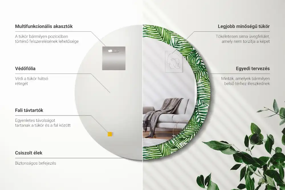 Oglindă rotundă cu ramă imprimată cu palmieri tropicali