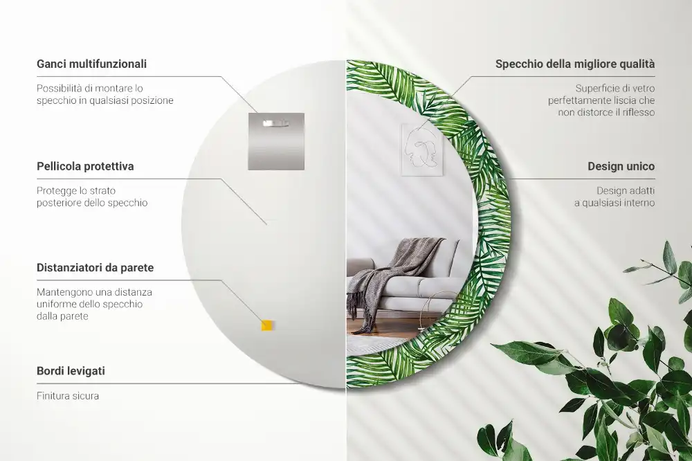 Oglindă rotundă cu ramă imprimată cu palmieri tropicali