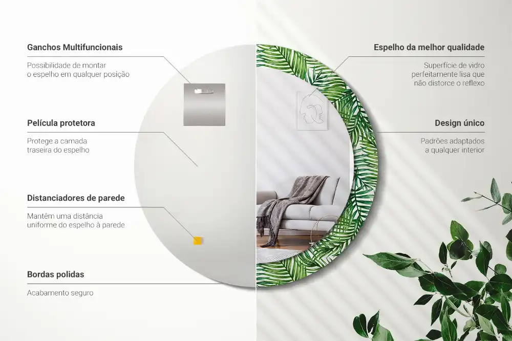 Oglindă rotundă cu ramă imprimată cu palmieri tropicali