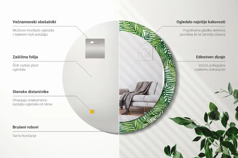 Oglindă rotundă cu ramă imprimată cu palmieri tropicali