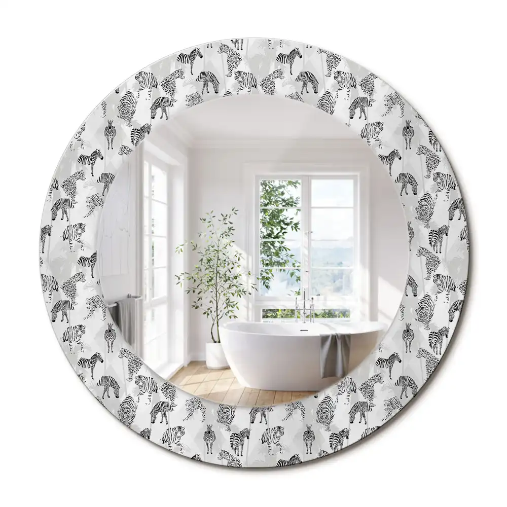Oglindă rotundă decorativă cu motiv tigru tropical