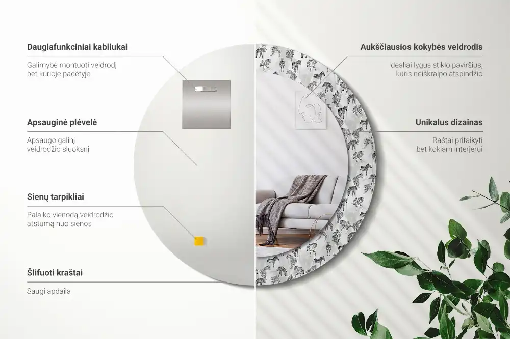 Oglindă rotundă decorativă cu motiv tigru tropical