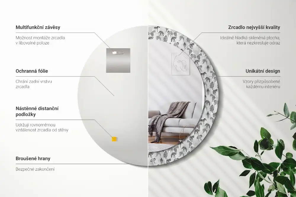 Oglindă rotundă decorativă cu motiv tigru tropical