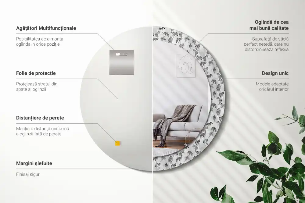 Oglindă rotundă decorativă cu motiv tigru tropical