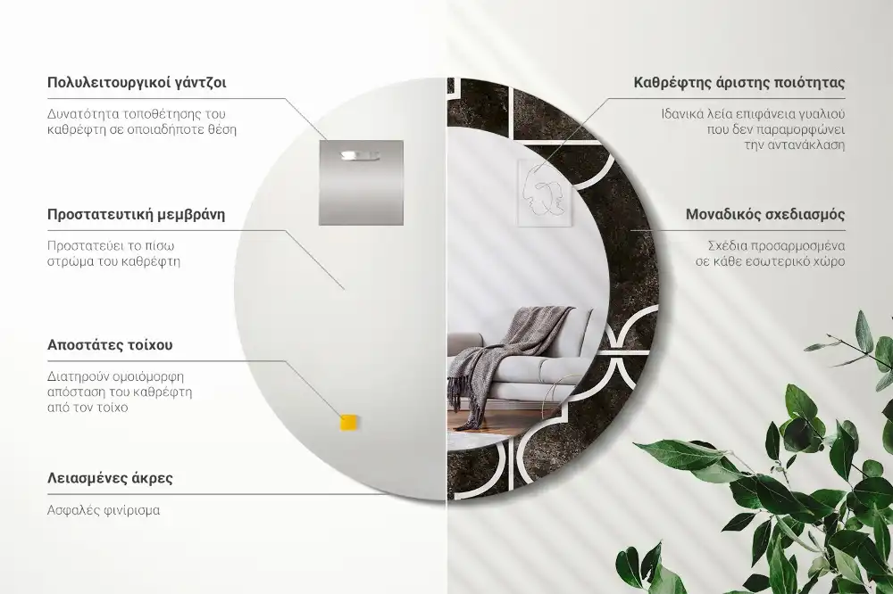 Oglindă rotundă cu ramă cu imprimeu model antic