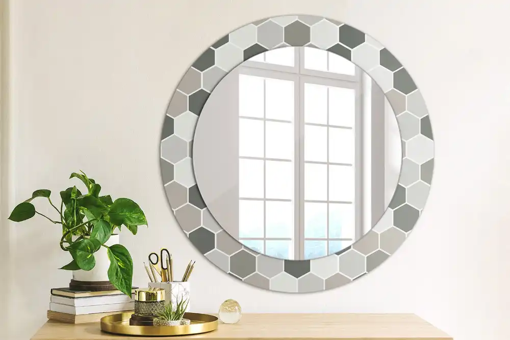 Oglindă rotundă de perete cu model hexagonal