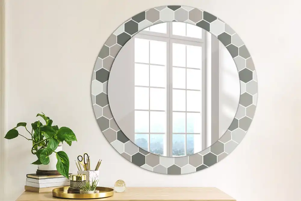 Oglindă rotundă de perete cu model hexagonal