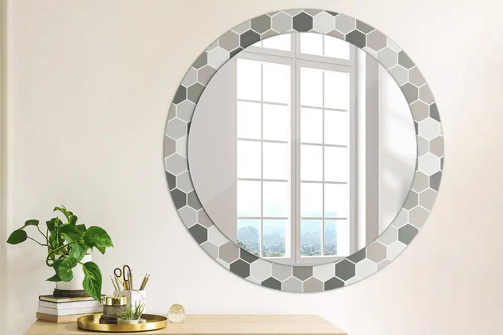 Oglindă rotundă de perete cu model hexagonal