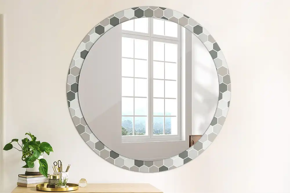 Oglindă rotundă de perete cu model hexagonal