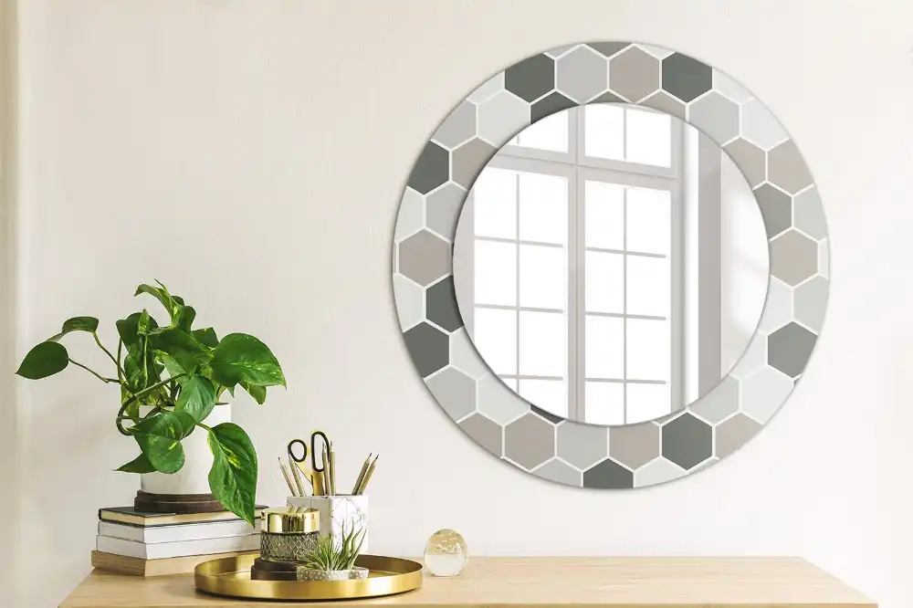 Oglindă rotundă de perete cu model hexagonal