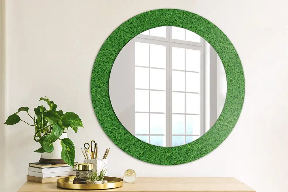 Oglindă rotundă decorativă de perete cu iarbă verde
