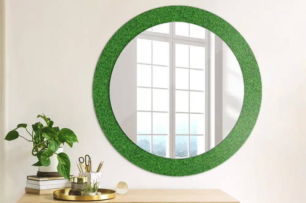Oglindă rotundă decorativă de perete cu iarbă verde