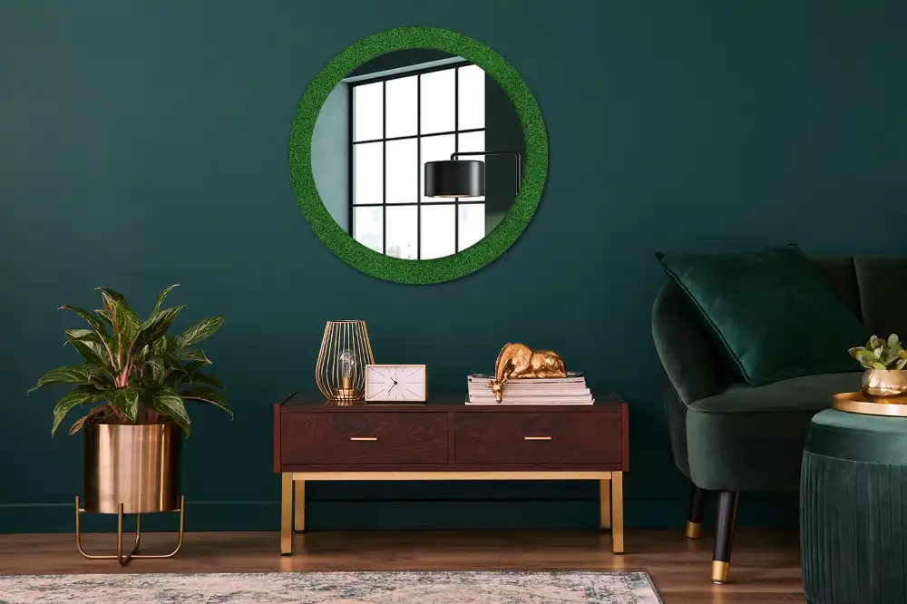 Oglindă rotundă decorativă de perete cu iarbă verde