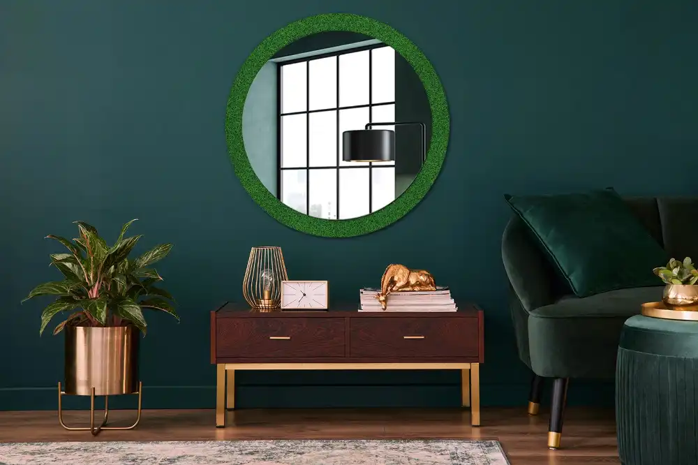 Oglindă rotundă decorativă de perete cu iarbă verde