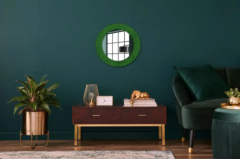 Oglindă rotundă decorativă de perete cu iarbă verde
