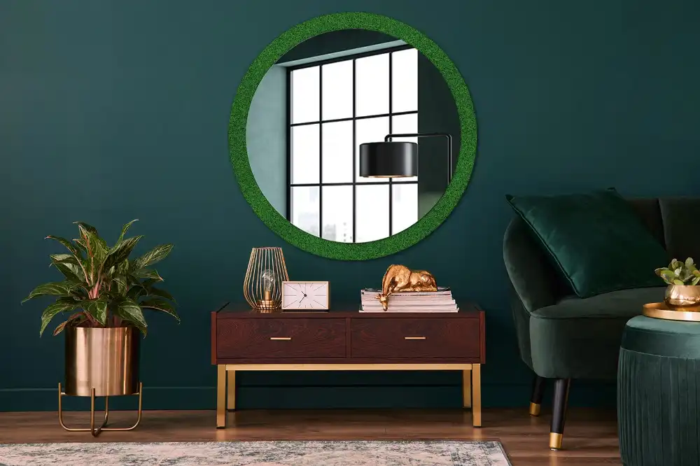 Oglindă rotundă decorativă de perete cu iarbă verde