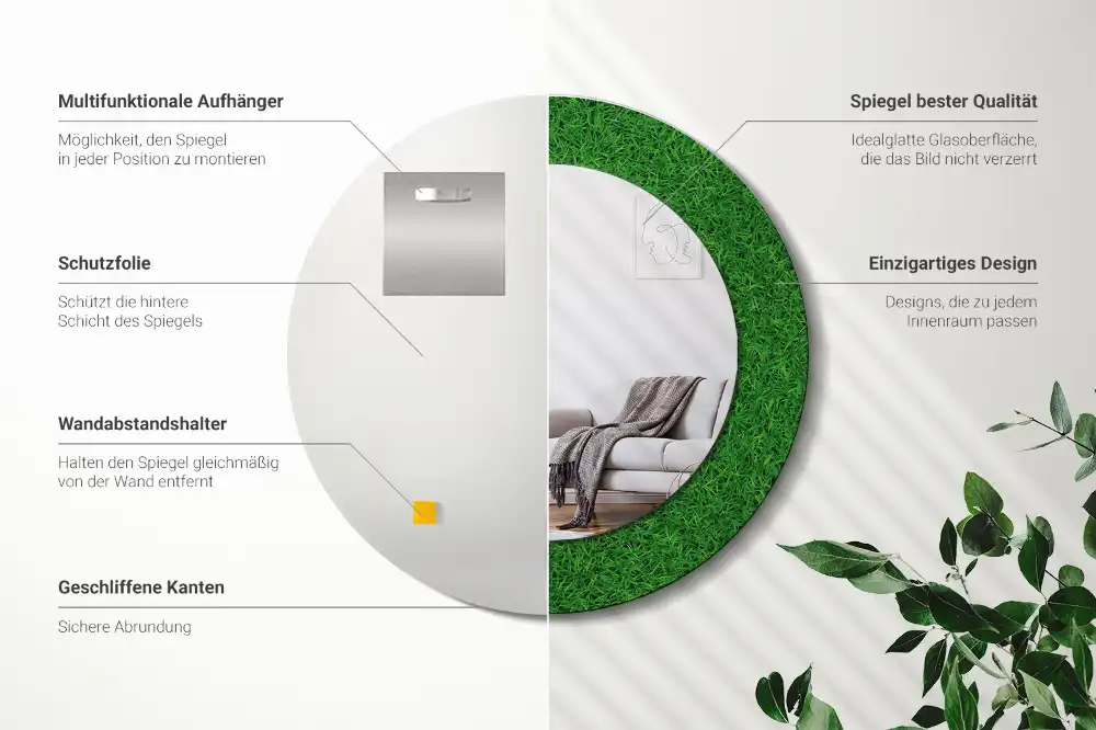Oglindă rotundă decorativă de perete cu iarbă verde