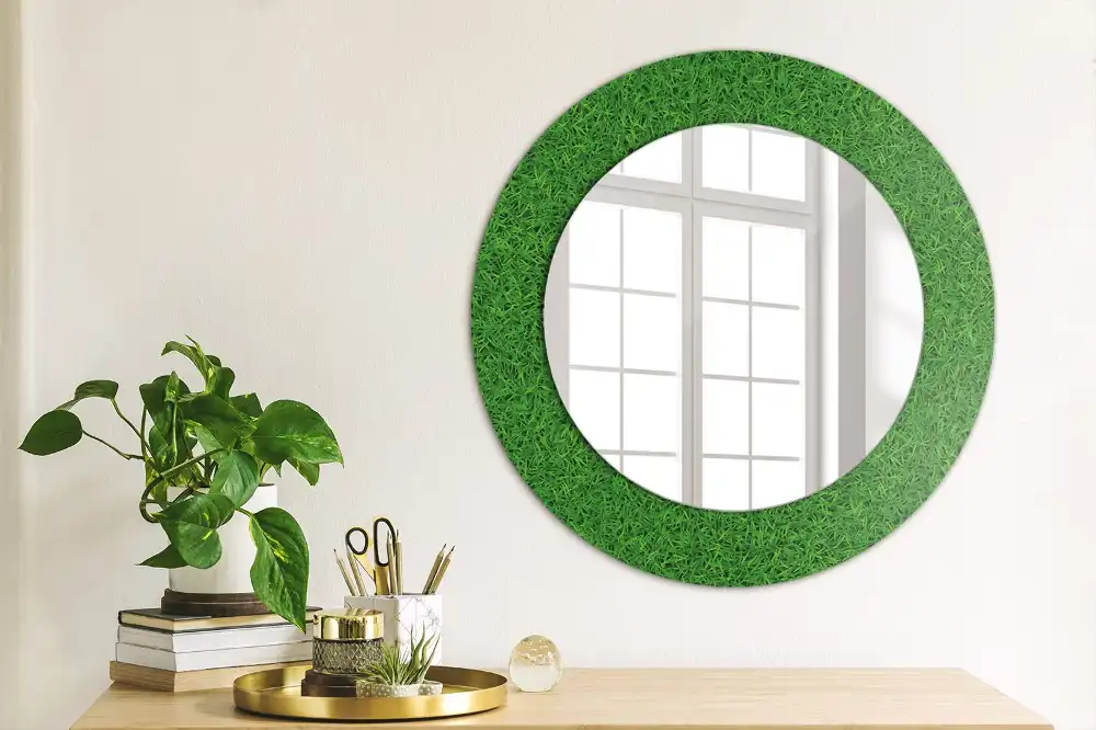 Oglindă rotundă decorativă de perete cu iarbă verde