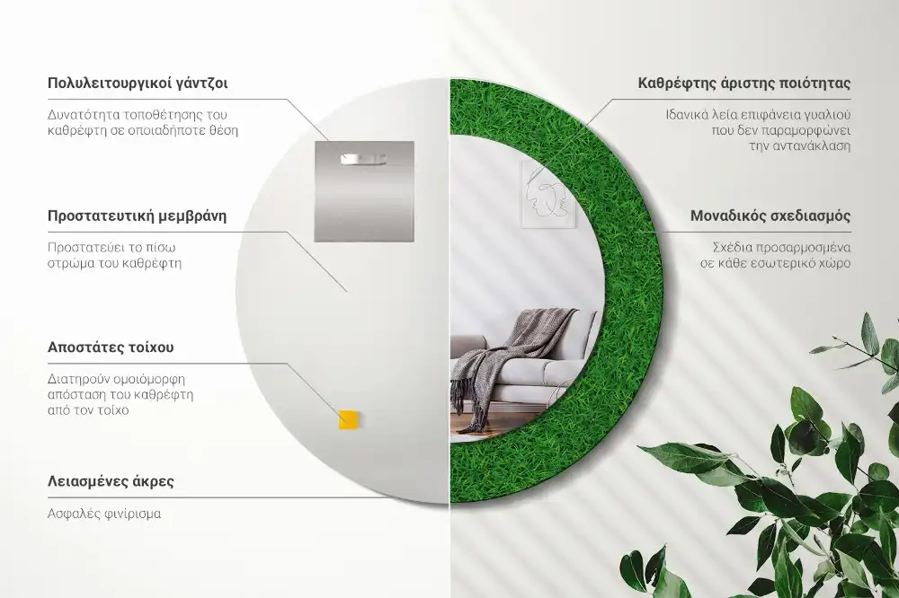 Oglindă rotundă decorativă de perete cu iarbă verde