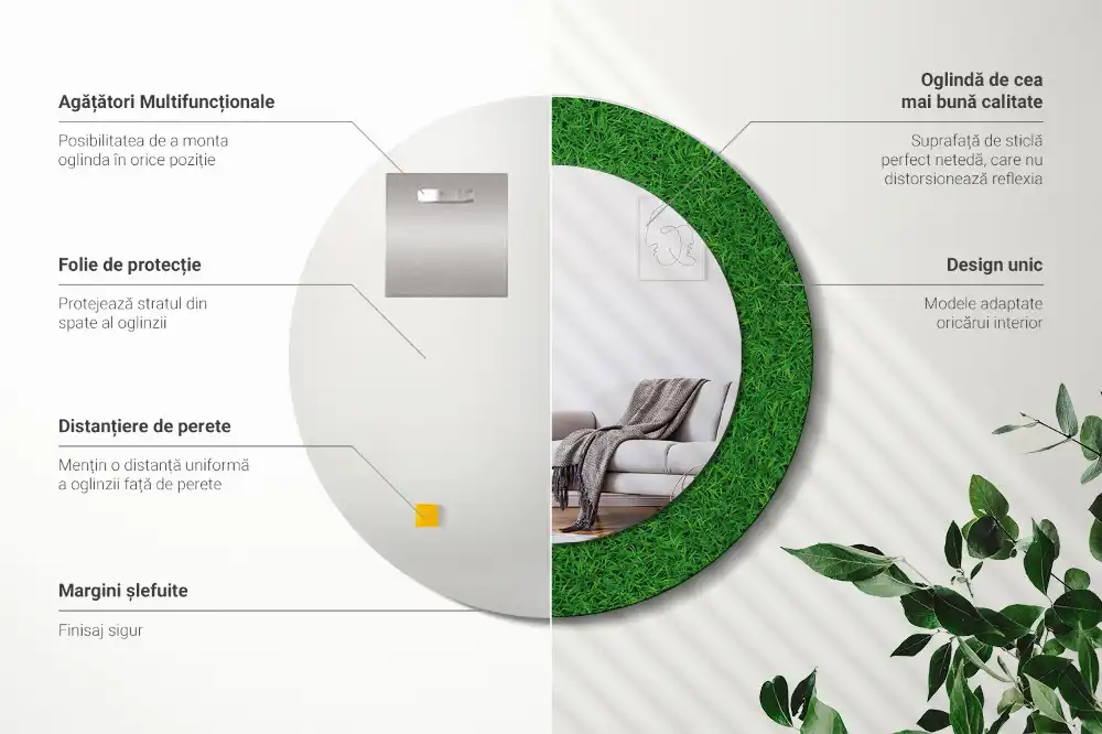 Oglindă rotundă decorativă de perete cu iarbă verde