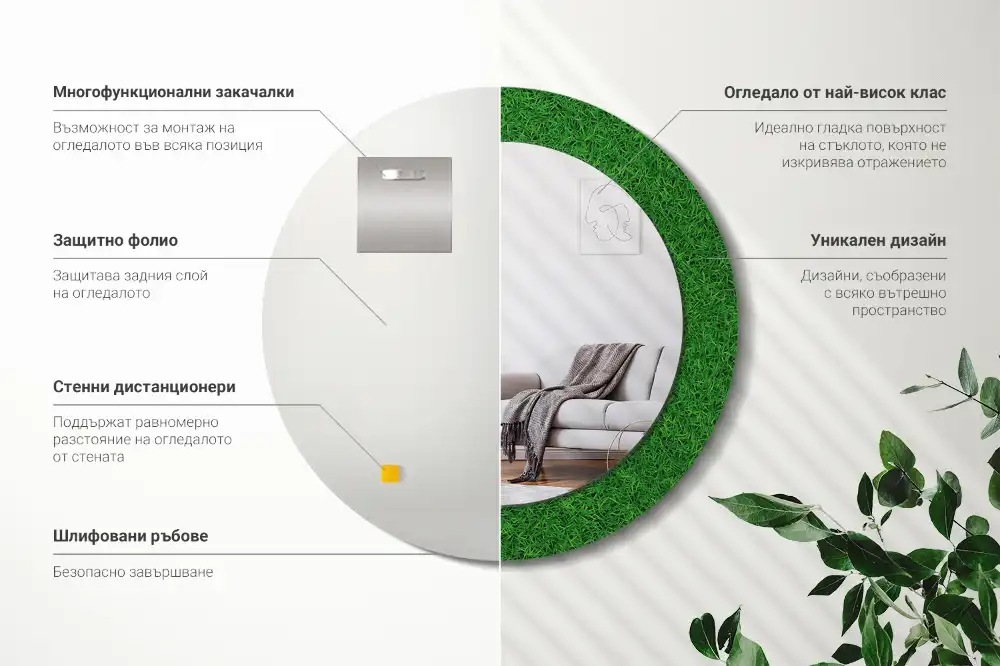 Oglindă rotundă decorativă de perete cu iarbă verde