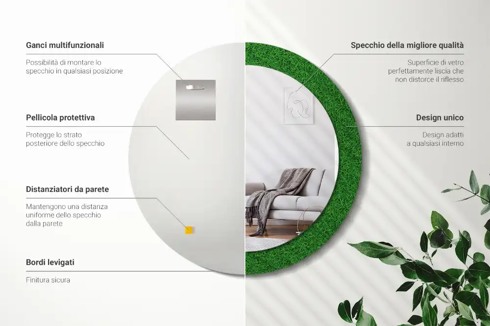 Oglindă rotundă decorativă de perete cu iarbă verde
