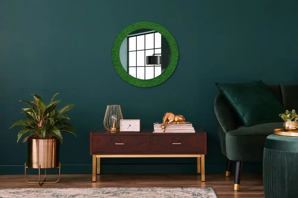 Oglindă rotundă decorativă de perete cu iarbă verde