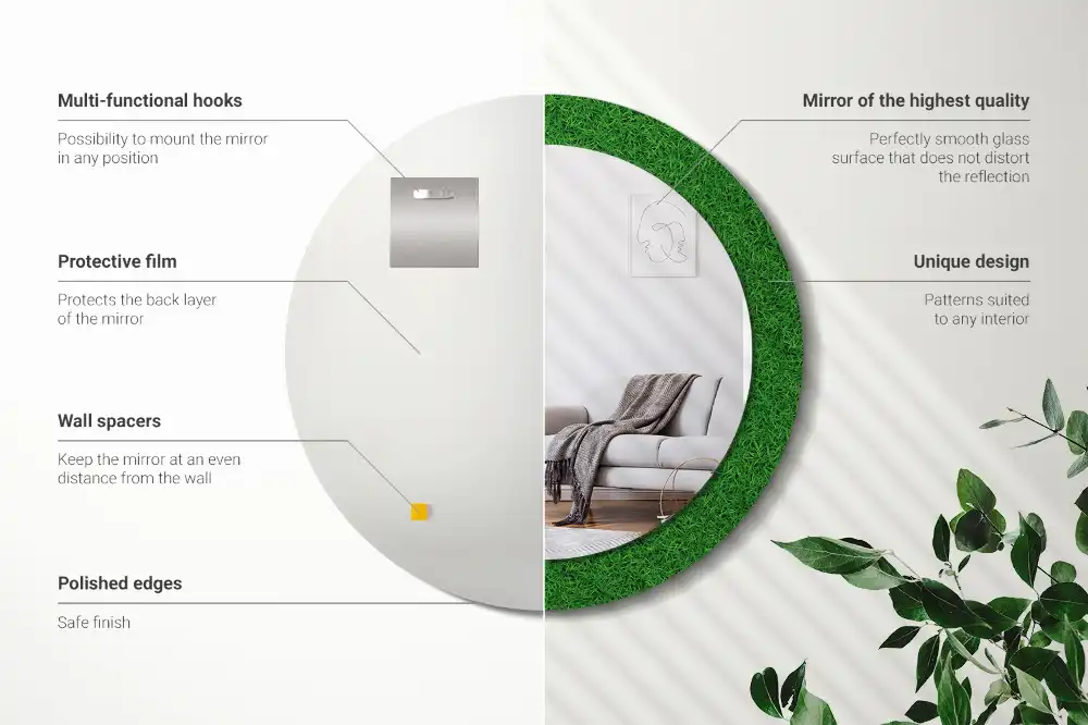 Oglindă rotundă decorativă de perete cu iarbă verde