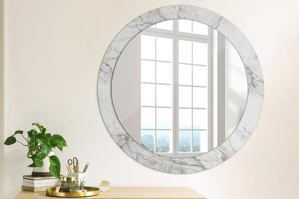 Oglindă rotundă decorativă de perete cu aspect de marmură albă