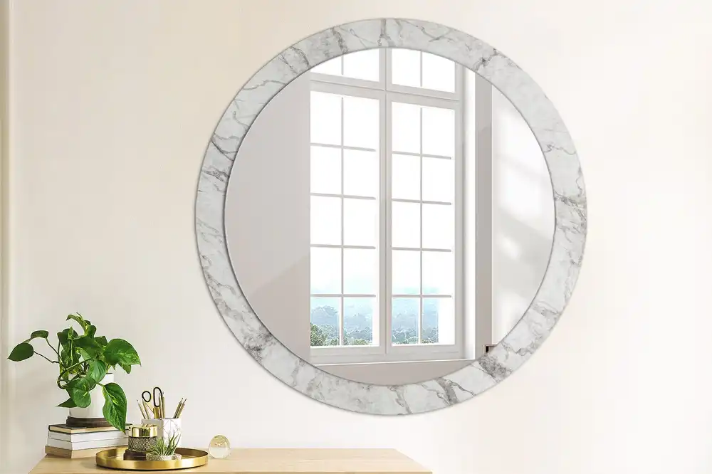 Oglindă rotundă decorativă de perete cu aspect de marmură albă