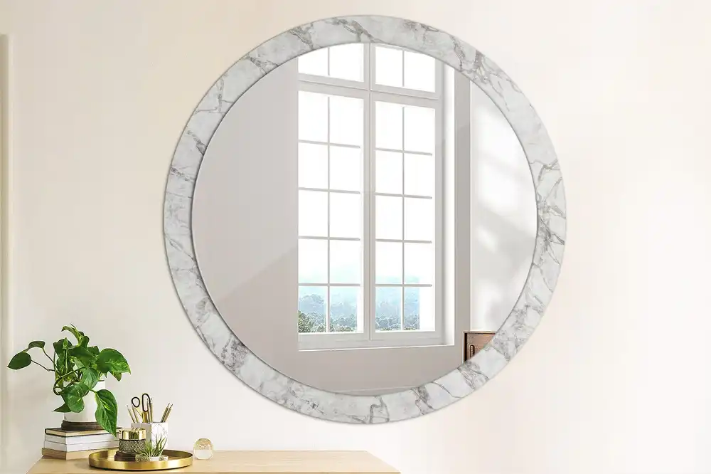 Oglindă rotundă decorativă de perete cu aspect de marmură albă