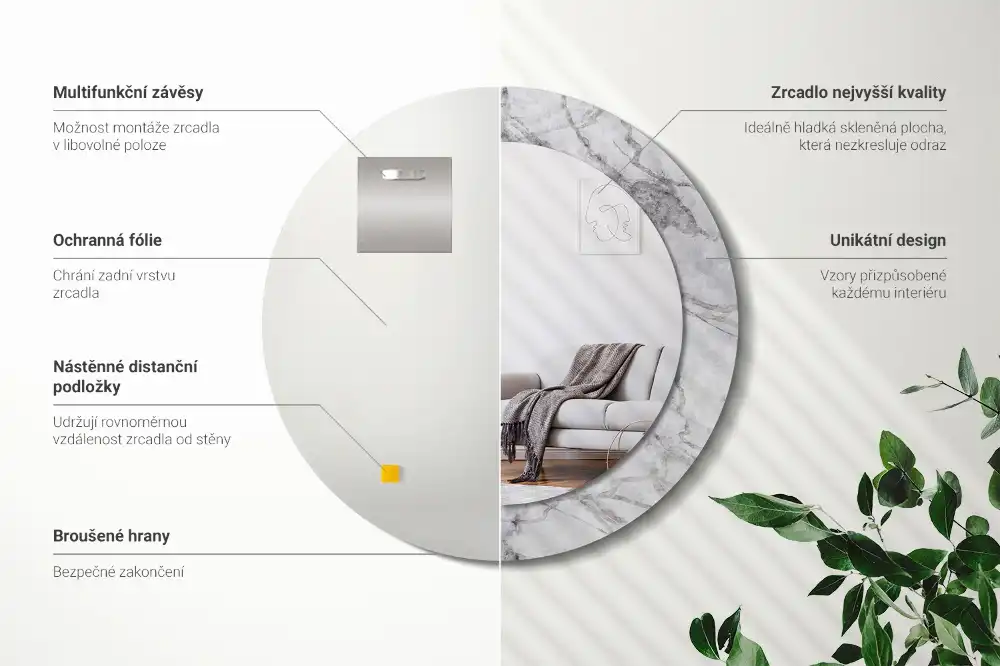 Oglindă rotundă decorativă de perete cu aspect de marmură albă