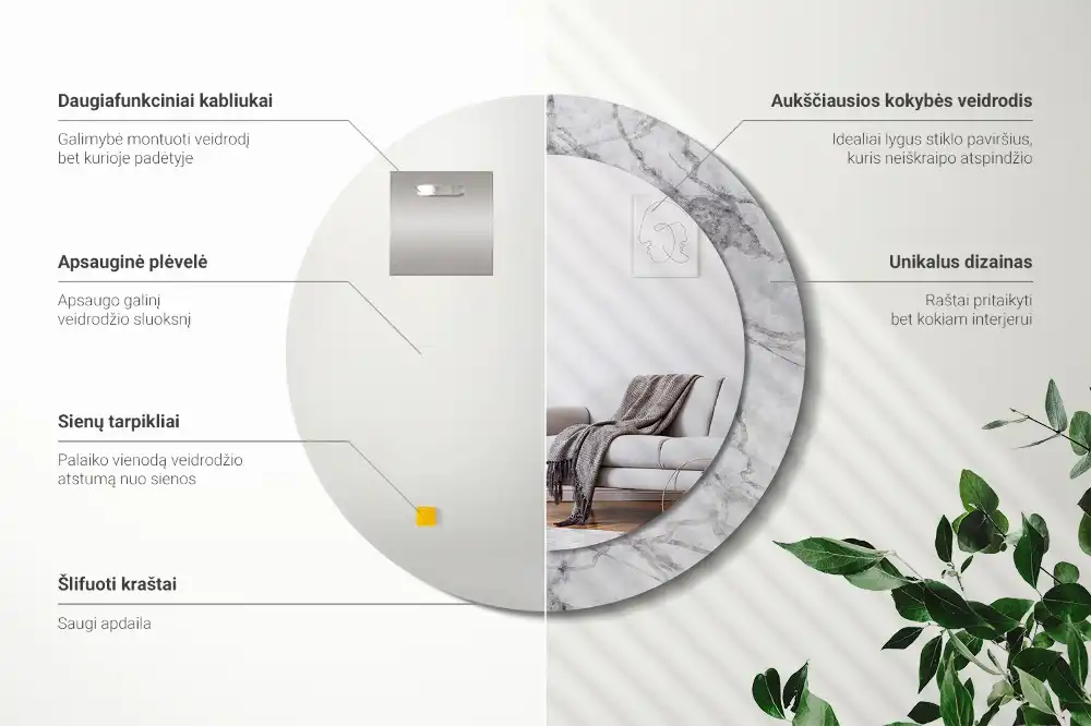 Oglindă rotundă decorativă de perete cu aspect de marmură albă