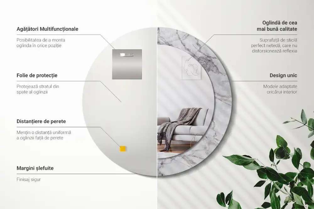 Oglindă rotundă decorativă de perete cu aspect de marmură albă